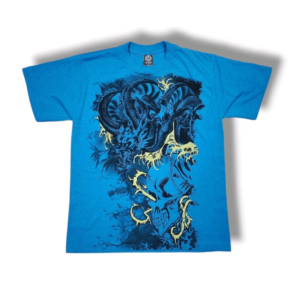 Vintage Dragon Skull‎ Asian Themed Grunge Blue Y2K Hybrid Tees T-Shirt Youths L